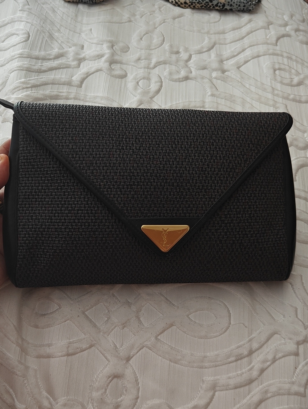 Vintage YSL Black Woven Envelope Clutch with Gold Triangle Logo